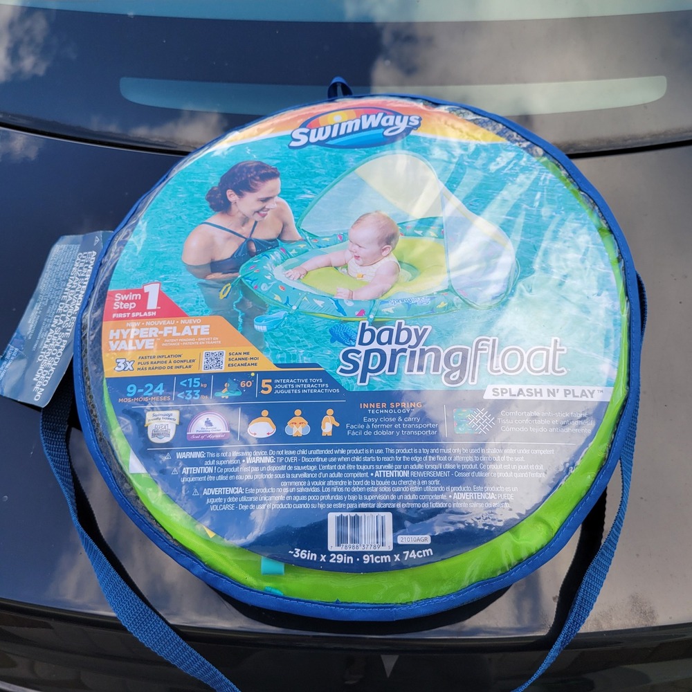 SwimWays Baby Spring Float Splash N Play 9-24 Months Blue Green Sun Canopy